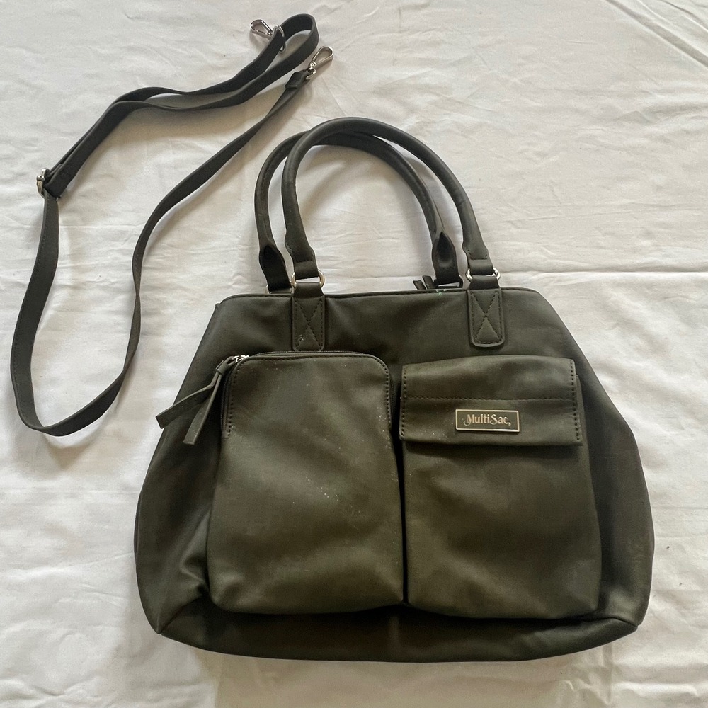 MultiSac Olive Green Gray Crossbody Handbag Multi Pocket Organizer Tote Bag
